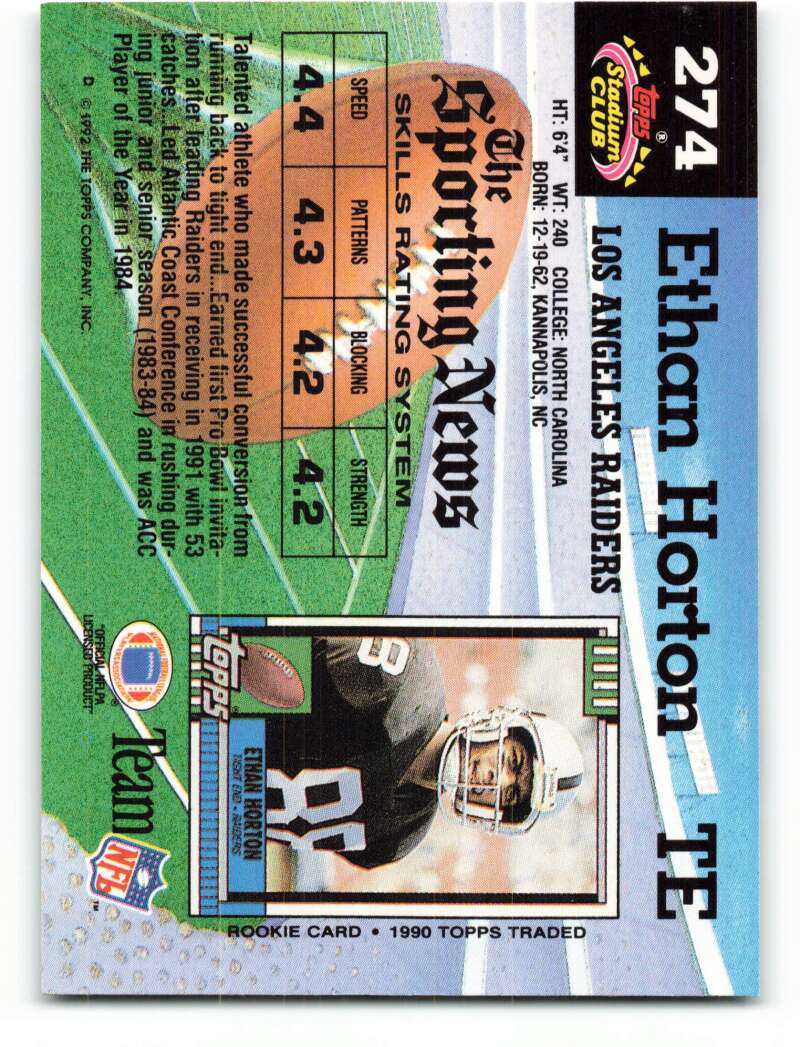 1992 Topps Stadium Club #274 Ethan Horton EX Excellent Los Angeles Raiders Football Card  Image 2