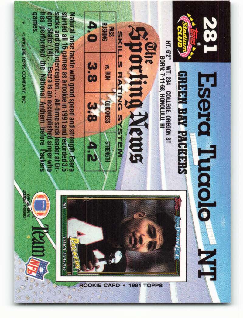 1992 Topps Stadium Club #281 Esera Tuaolo EX Excellent Green Bay Packers Football Card  Image 2