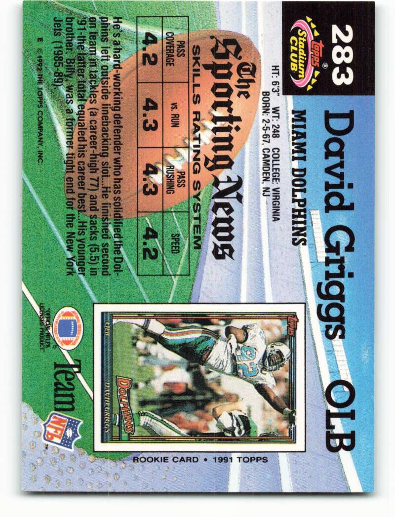 1992 Topps Stadium Club #283 David Griggs EX Excellent Miami Dolphins Football Card  Image 2