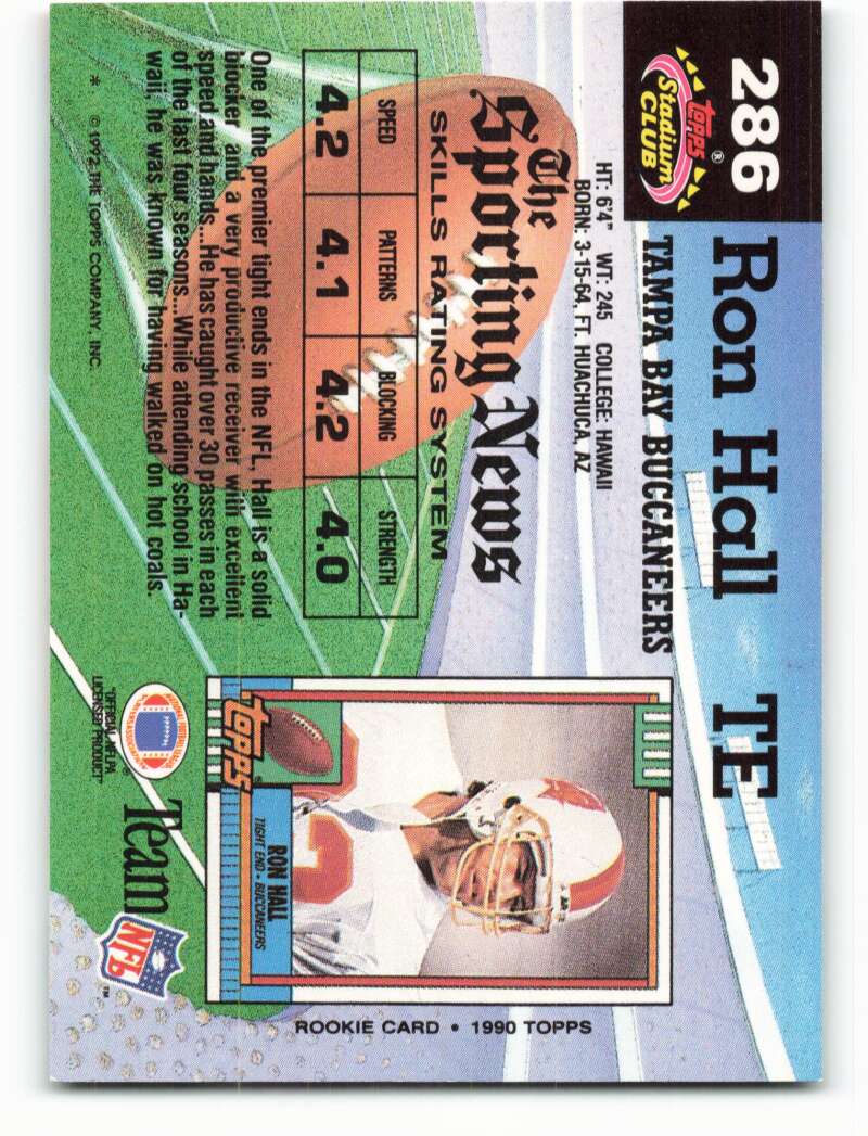 1992 Topps Stadium Club #286 Ron Hall EX Excellent Tampa Bay Buccaneers Football Card  Image 2