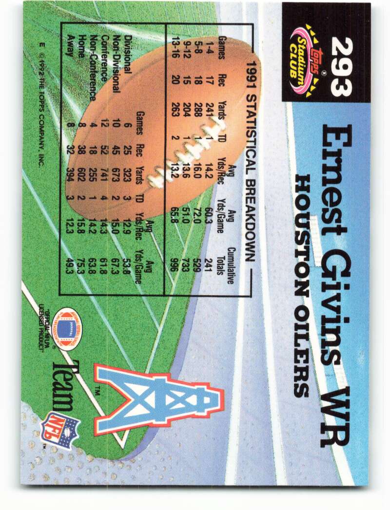 1992 Topps Stadium Club #293 Ernest Givins EX Excellent Houston Oilers Football Card  Image 2