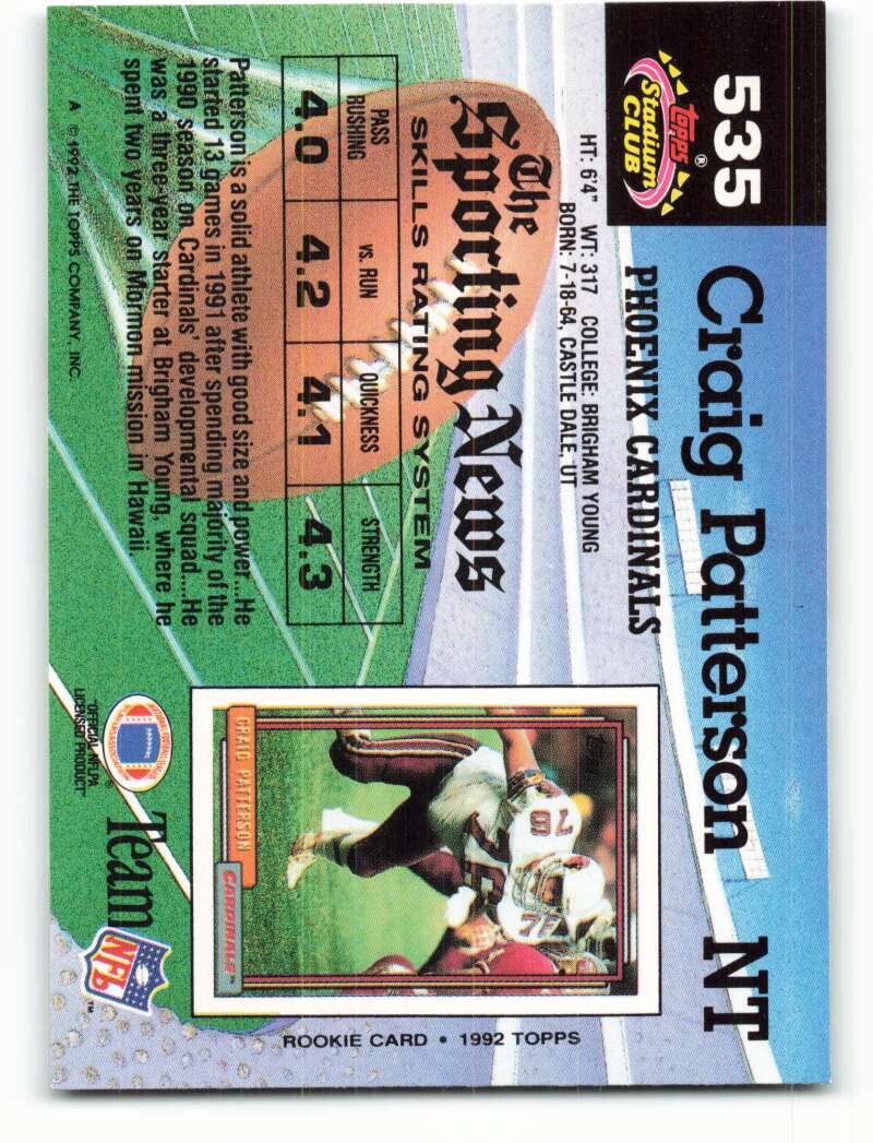 1992 Topps Stadium Club #535 Craig Patterson EX Excellent RC Rookie Phoenix Cardinals Football Card  Image 2