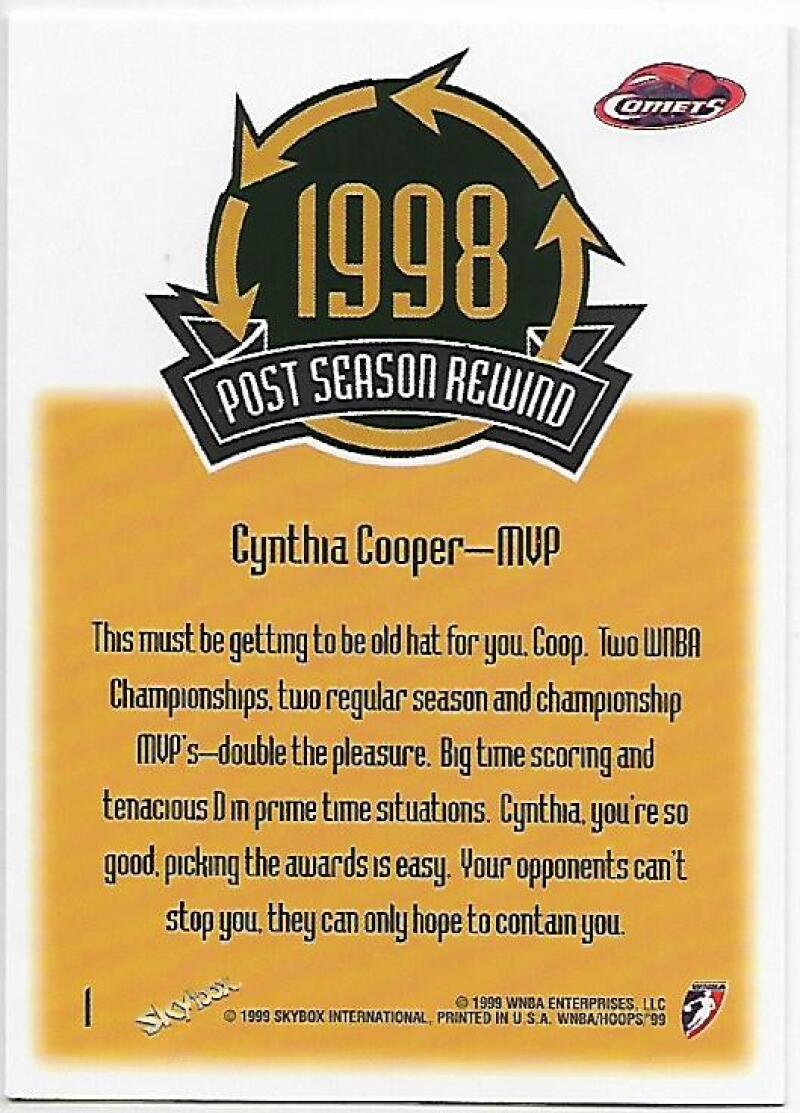 1999-00 Hoops WNBA #1 Cynthia Cooper NM-MT Houston Comets Basketball Card  Image 2