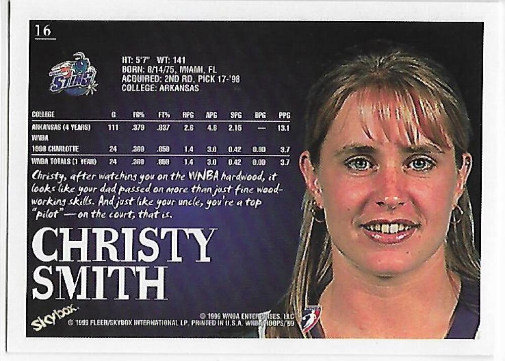1999-00 Hoops WNBA #16 Christy Smith NM-MT Charlotte Sting Basketball Card  Image 2
