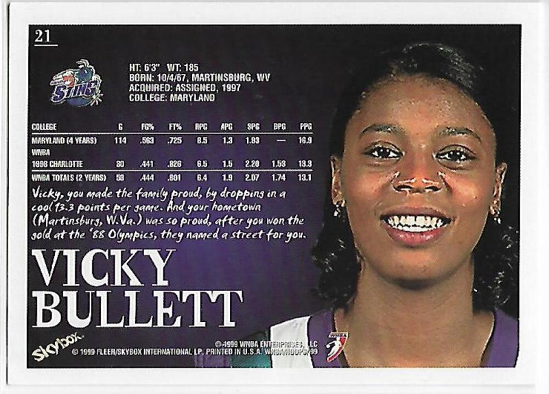 1999-00 Hoops WNBA #21 Vicky Bullett NM-MT Charlotte Sting Basketball Card  Image 2