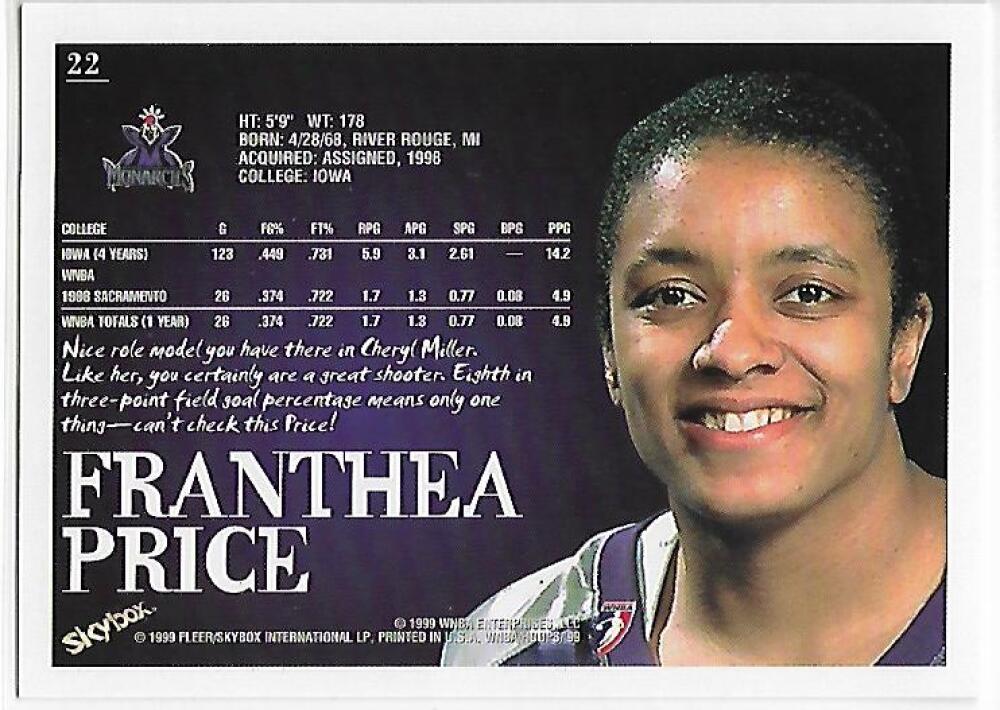 1999-00 Hoops WNBA #22 Franthea Price NM-MT RC Rookie Sacramento Monarchs Basketball Card  Image 2