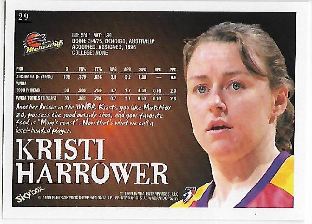 1999-00 Hoops WNBA #29 Kristi Harrower NM-MT RC Rookie Phoenix Mercury Basketball Card  Image 2
