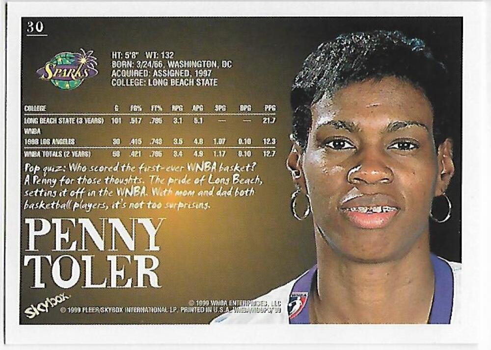 1999-00 Hoops WNBA #30 Penny Toler NM-MT Los Angeles Sparks Basketball Card  Image 2