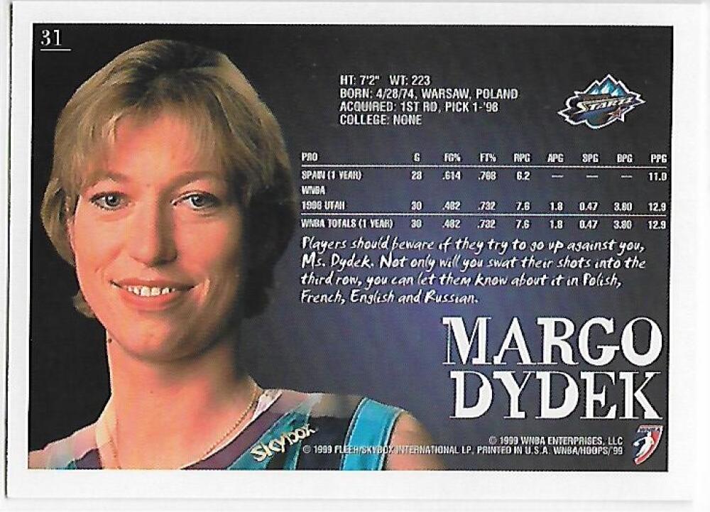 1999-00 Hoops WNBA #31 Margo Dydek NM-MT RC Rookie Utah Starzz Basketball Card  Image 2