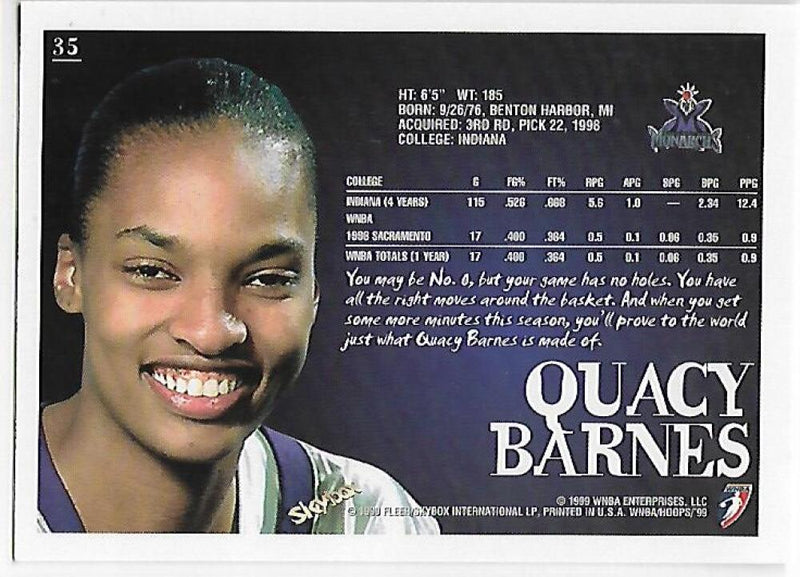 1999-00 Hoops WNBA #35 Quacy Barnes NM-MT Sacramento Monarchs Basketball Card  Image 2