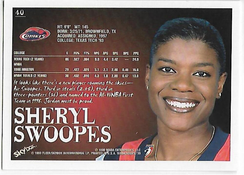1999-00 Hoops WNBA #40 Sheryl Swoopes NM-MT Houston Comets Basketball Card  Image 2