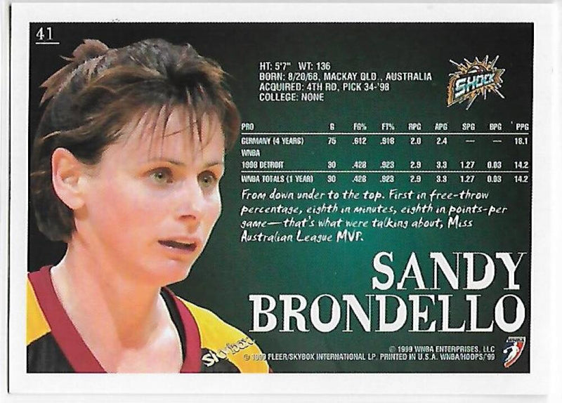 1999-00 Hoops WNBA #41 Sandy Brondello NM-MT RC Rookie Detroit Shock Basketball Card  Image 2