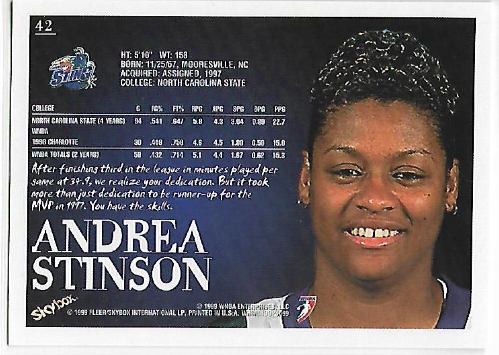 1999-00 Hoops WNBA #42 Andrea Stinson NM-MT Charlotte Sting Basketball Card  Image 2