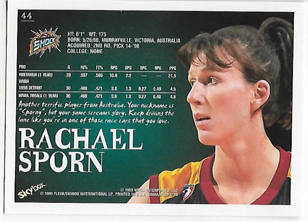 1999-00 Hoops WNBA #44 Rachael Sporn NM-MT RC Rookie Detroit Shock Basketball Card  Image 2