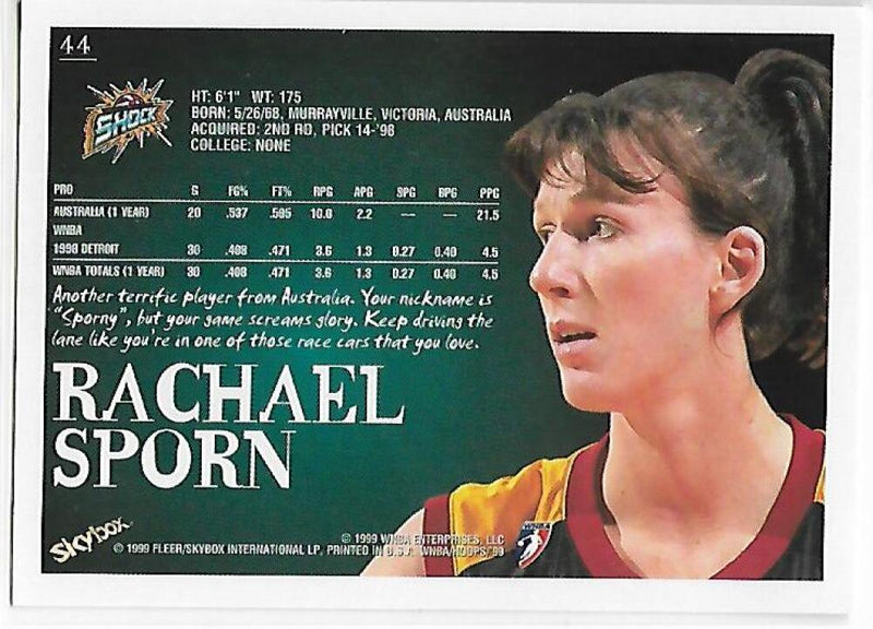 1999-00 Hoops WNBA #44 Rachael Sporn NM-MT RC Rookie Detroit Shock Basketball Card  Image 2