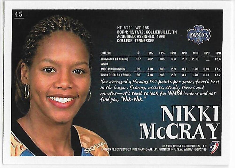 1999-00 Hoops WNBA #45 Nikki McCray NM-MT Washington Mystics Basketball Card  Image 2