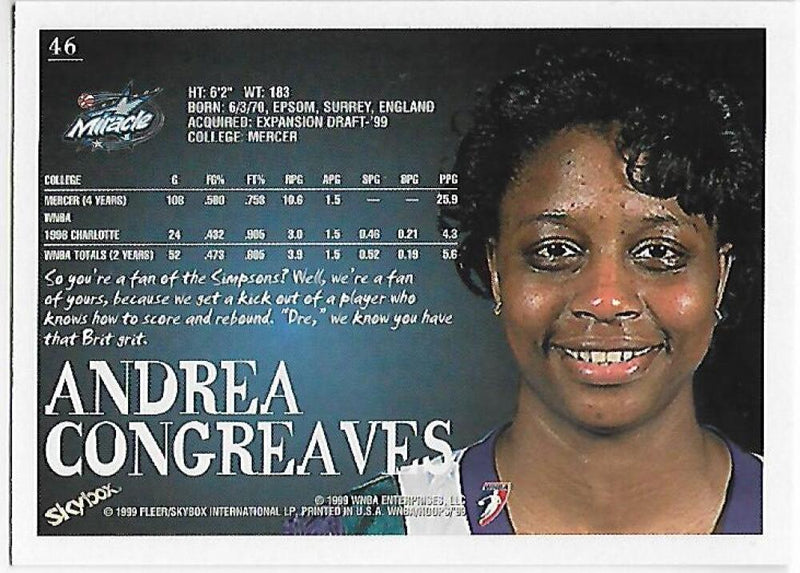 1999-00 Hoops WNBA #46 Andrea Congreaves NM-MT Orlando Miracle Basketball Card  Image 2