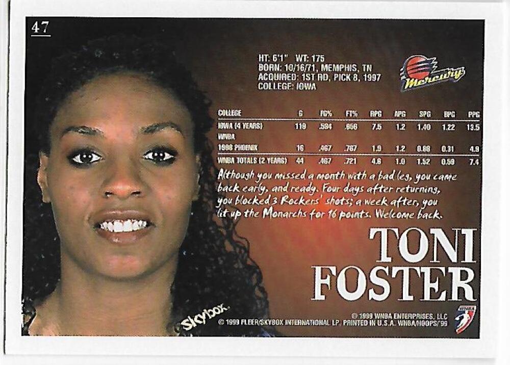 1999-00 Hoops WNBA #47 Toni Foster NM-MT Phoenix Mercury Basketball Card  Image 2