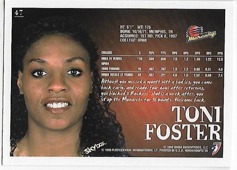 1999-00 Hoops WNBA #47 Toni Foster NM-MT Phoenix Mercury Basketball Card  Image 2