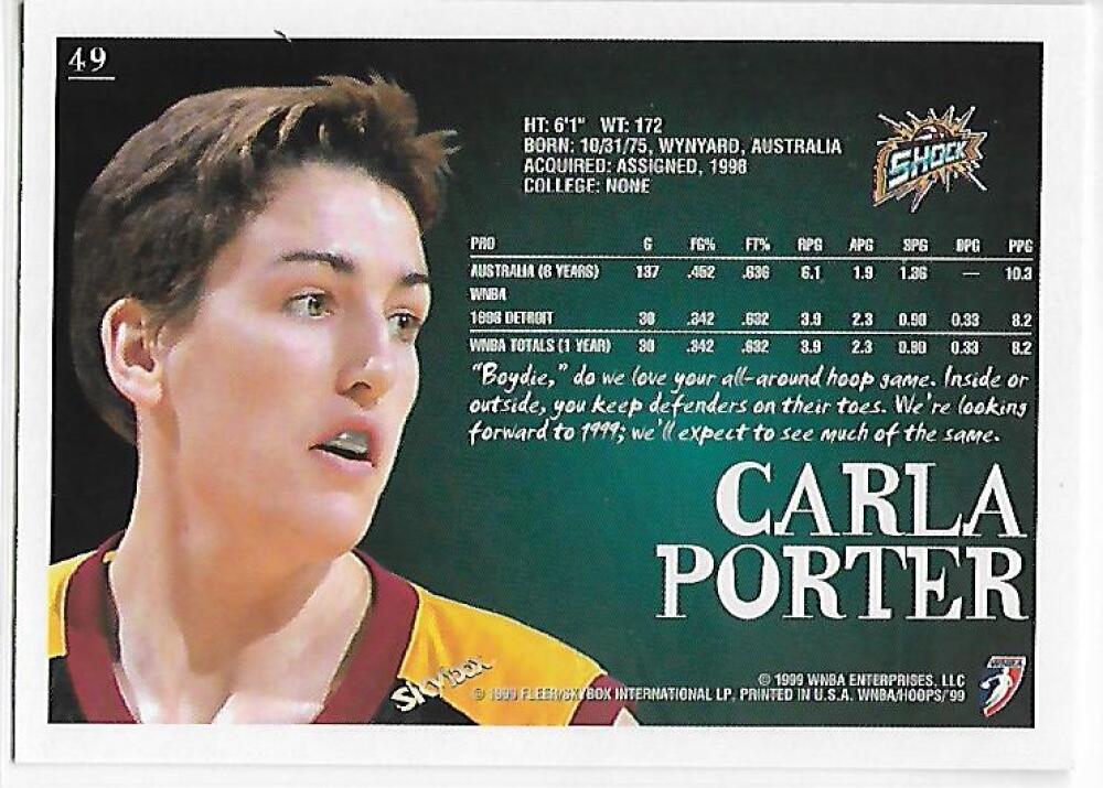 1999-00 Hoops WNBA #49 Carla Porter NM-MT RC Rookie Detroit Shock Basketball Card  Image 2