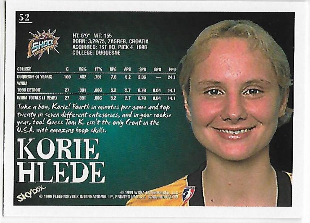 1999-00 Hoops WNBA #52 Korie Hlede NM-MT RC Rookie Detroit Shock Basketball Card  Image 2