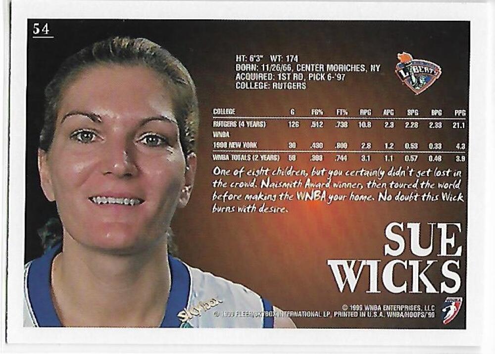 1999-00 Hoops WNBA #54 Sue Wicks NM-MT New York Liberty Basketball Card  Image 2