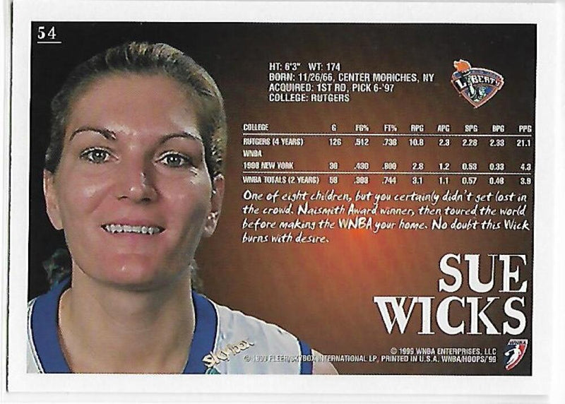 1999-00 Hoops WNBA #54 Sue Wicks NM-MT New York Liberty Basketball Card  Image 2