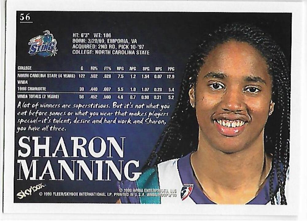 1999-00 Hoops WNBA #56 Sharon Manning NM-MT Charlotte Sting Basketball Card  Image 2