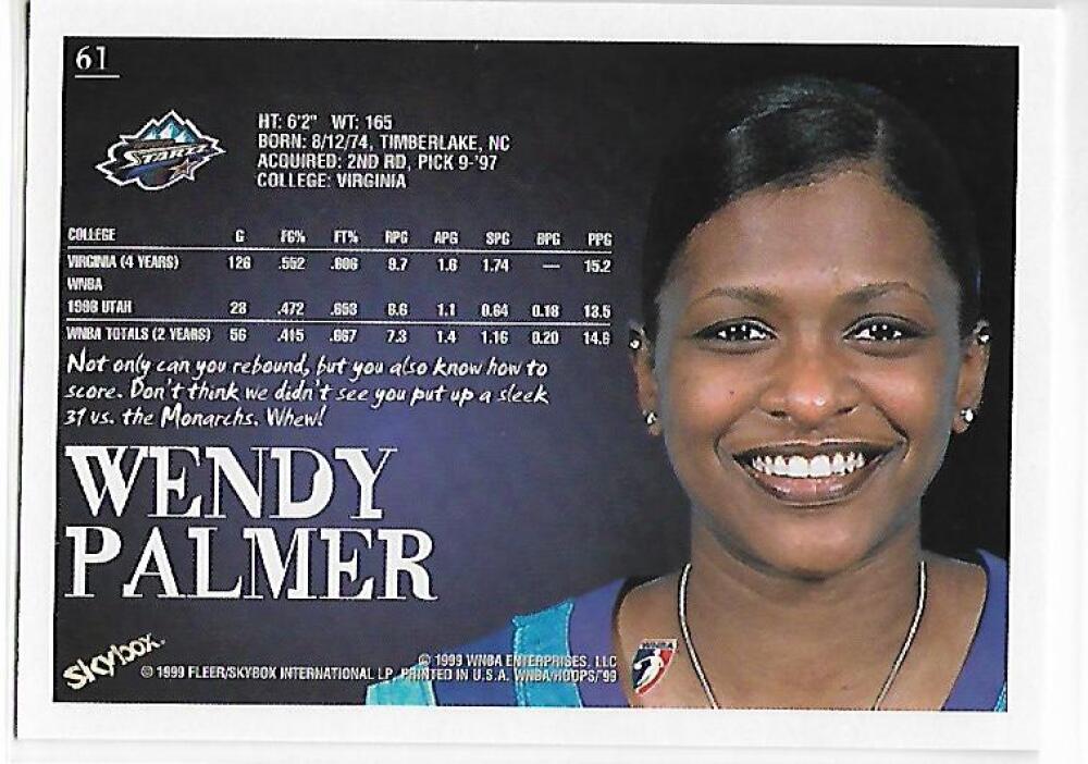 1999-00 Hoops WNBA #61 Wendy Palmer NM-MT Utah Starzz Basketball Card  Image 2