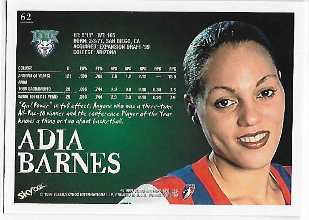 1999-00 Hoops WNBA #62 Adia Barnes NM-MT RC Rookie Minnesota Lynx Basketball Card  Image 2