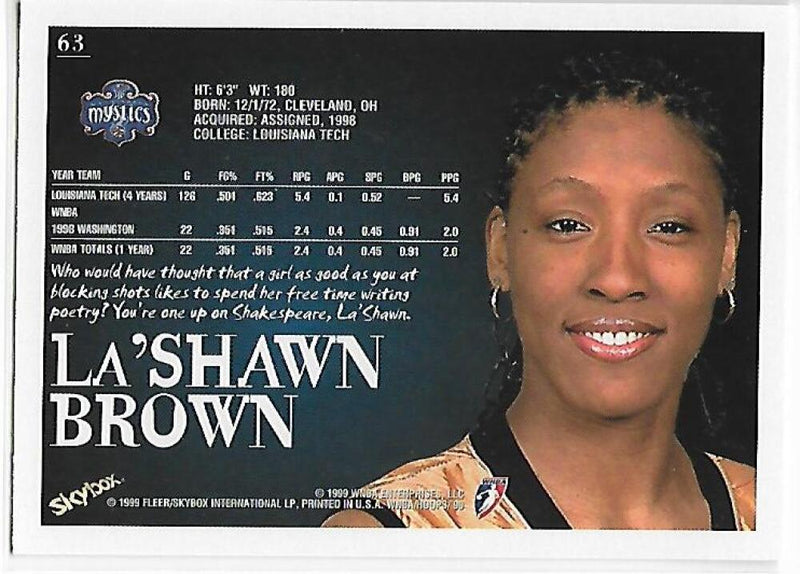1999-00 Hoops WNBA #63 La'Shawn Brown NM-MT RC Rookie Washington Mystics Basketball Card  Image 2