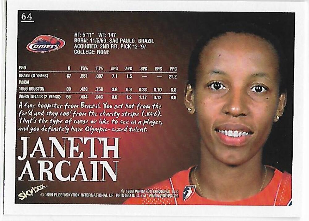 1999-00 Hoops WNBA #64 Janeth Arcain NM-MT Houston Comets Basketball Card  Image 2