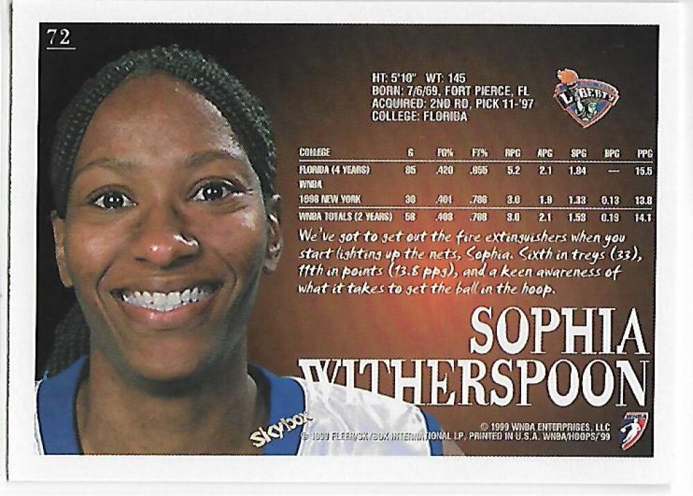 1999-00 Hoops WNBA #72 Sophia Witherspoon NM-MT New York Liberty Basketball Card  Image 2