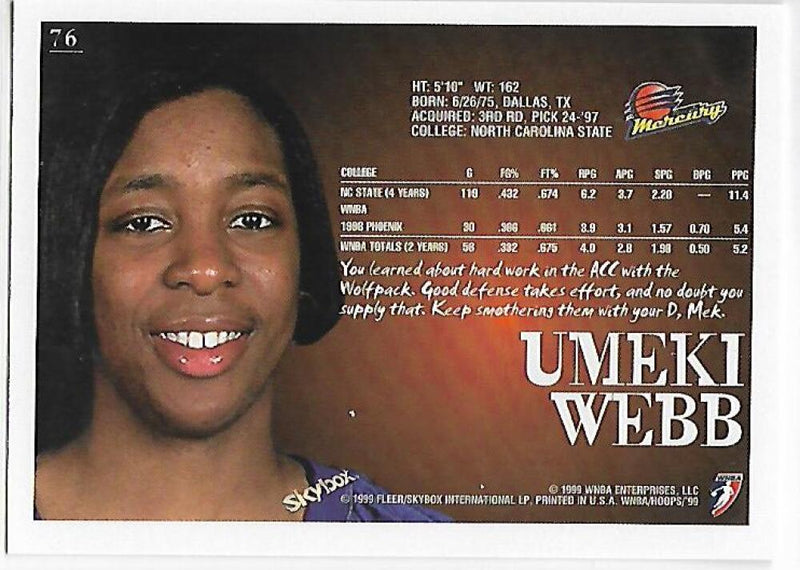 1999-00 Hoops WNBA #76 Umeki Webb NM-MT Phoenix Mercury Basketball Card  Image 2