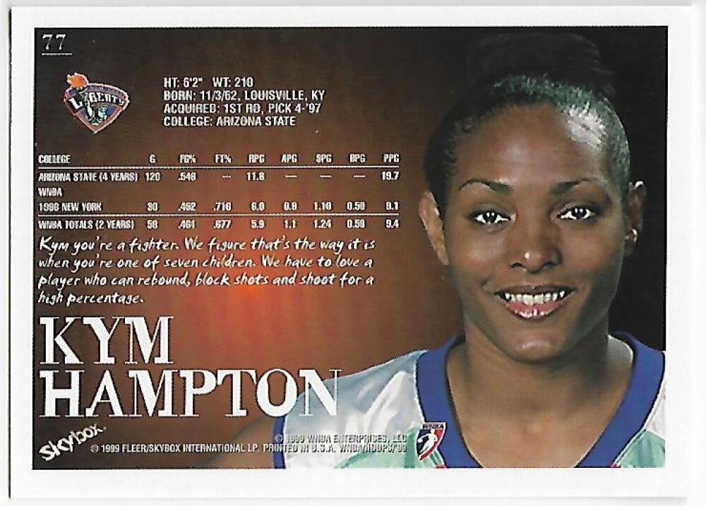 1999-00 Hoops WNBA #77 Kym Hampton NM-MT New York Liberty Basketball Card  Image 2