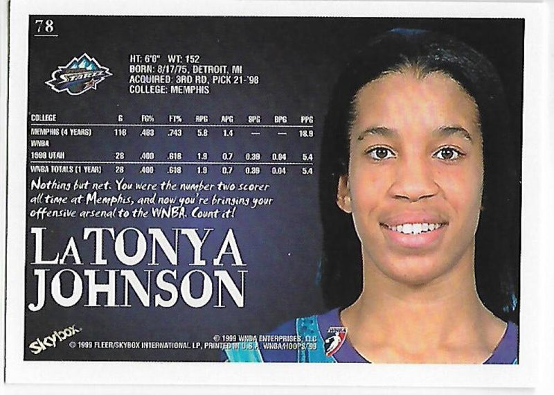 1999-00 Hoops WNBA #78 LaTonya Johnson NM-MT RC Rookie Utah Starzz Basketball Card  Image 2