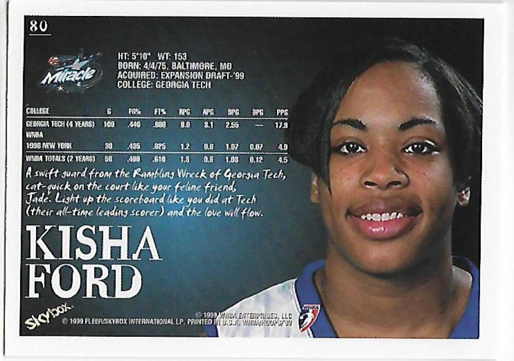 1999-00 Hoops WNBA #80 Kisha Ford NM-MT Orlando Miracle Basketball Card  Image 2