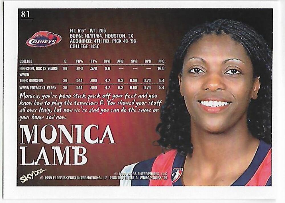1999-00 Hoops WNBA #81 Monica Lamb NM-MT RC Rookie Houston Comets Basketball Card  Image 2