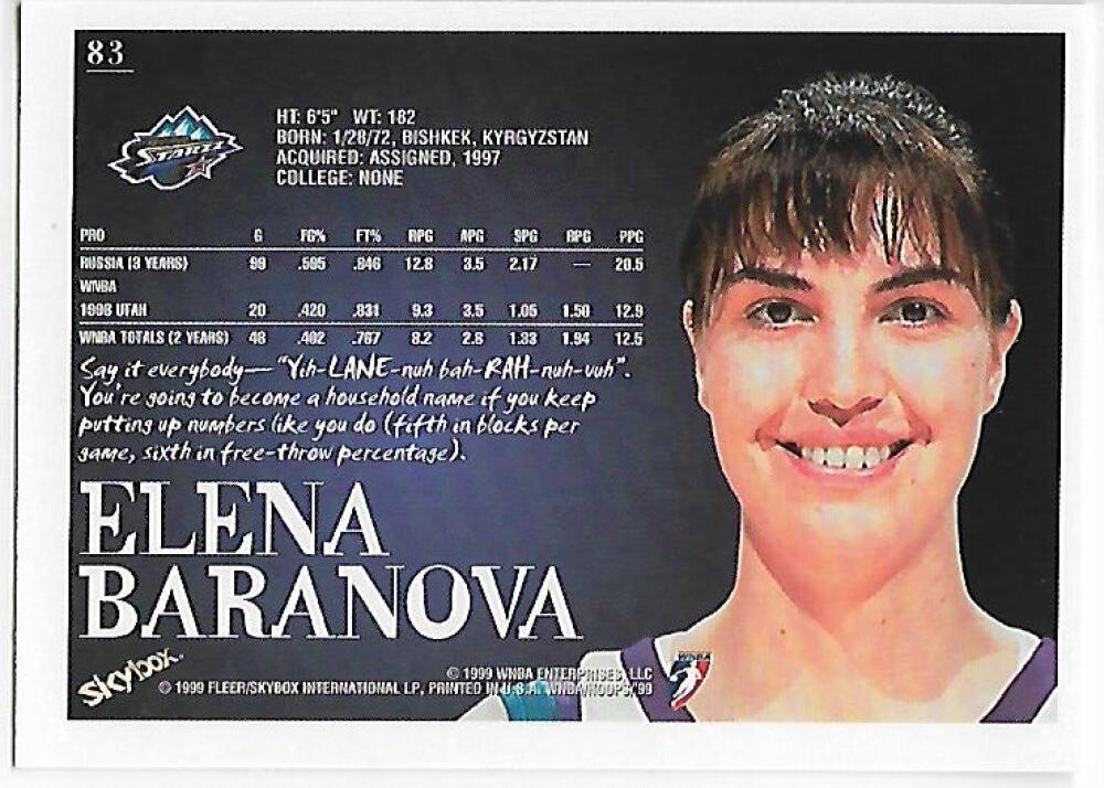1999-00 Hoops WNBA #83 Elena Baranova NM-MT Utah Starzz Basketball Card  Image 2