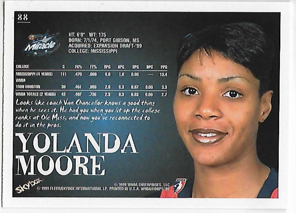 1999-00 Hoops WNBA #88 Yolanda Moore NM-MT RC Rookie Orlando Miracle Basketball Card  Image 2