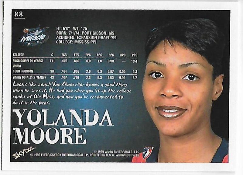1999-00 Hoops WNBA #88 Yolanda Moore NM-MT RC Rookie Orlando Miracle Basketball Card  Image 2