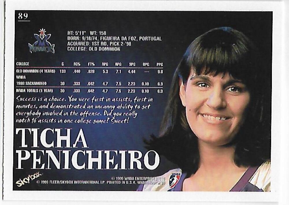 1999-00 Hoops WNBA #89 Ticha Penicheiro NM-MT RC Rookie Sacramento Monarchs Basketball Card  Image 2