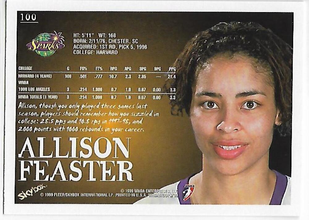 1999-00 Hoops WNBA #100 Allison Feaster NM-MT Los Angeles Sparks Basketball Card  Image 2