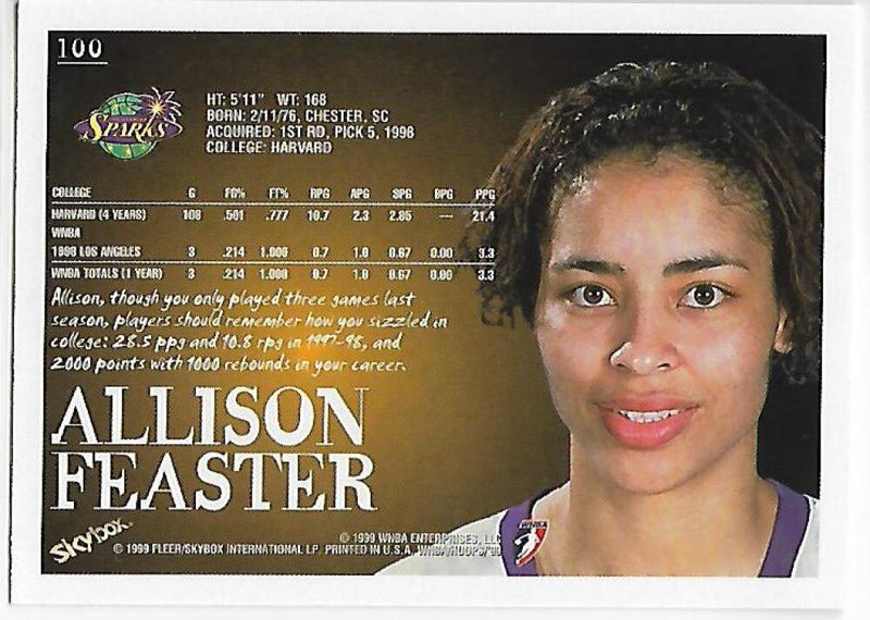 1999-00 Hoops WNBA #100 Allison Feaster NM-MT Los Angeles Sparks Basketball Card  Image 2