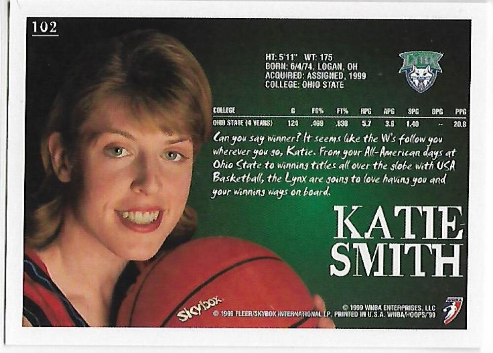 1999-00 Hoops WNBA #102 Katie Smith NM-MT RC Rookie Minnesota Lynx Basketball Card  Image 2