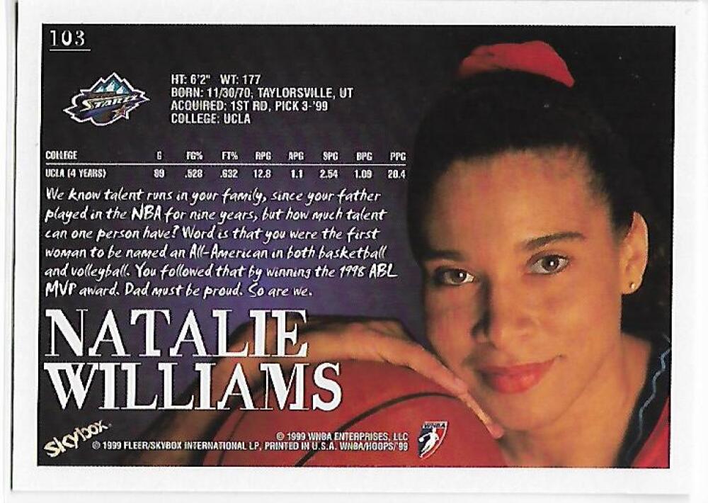 1999-00 Hoops WNBA #103 Natalie Williams NM-MT RC Rookie Utah Starzz Basketball Card  Image 2