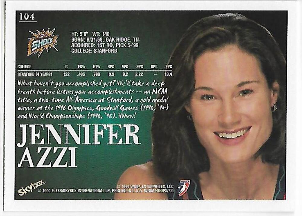 1999-00 Hoops WNBA #104 Jennifer Azzi NM-MT RC Rookie Detroit Shock Basketball Card  Image 2