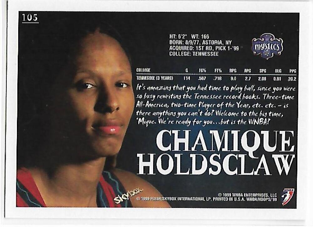 1999-00 Hoops WNBA #105 Chamique Holdsclaw NM-MT RC Rookie Washington Mystics Basketball Card  Image 2