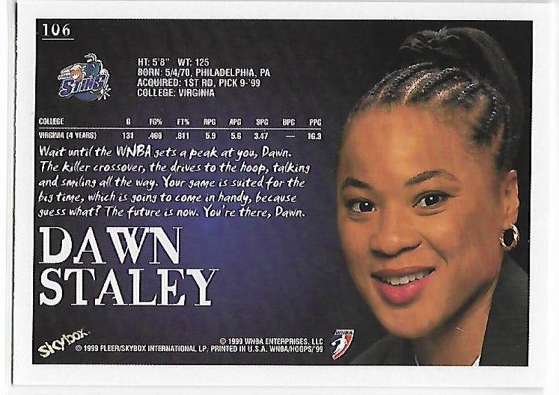 1999-00 Hoops WNBA #106 Dawn Staley NM-MT RC Rookie Charlotte Sting Basketball Card  Image 2
