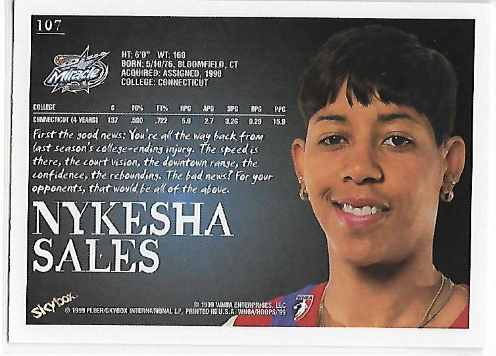 1999-00 Hoops WNBA #107 Nykesha Sales NM-MT RC Rookie Orlando Miracle Basketball Card  Image 2